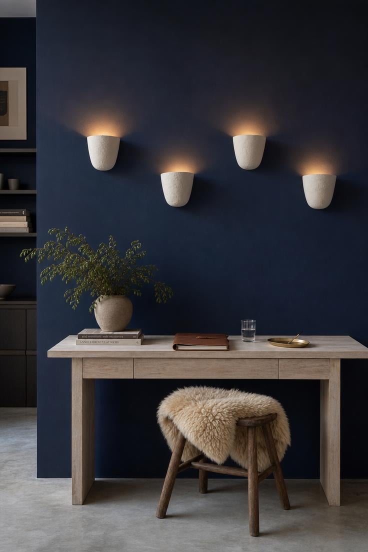Four matte white plaster sconces at varied heights on a navy office wall with soft upward light pools