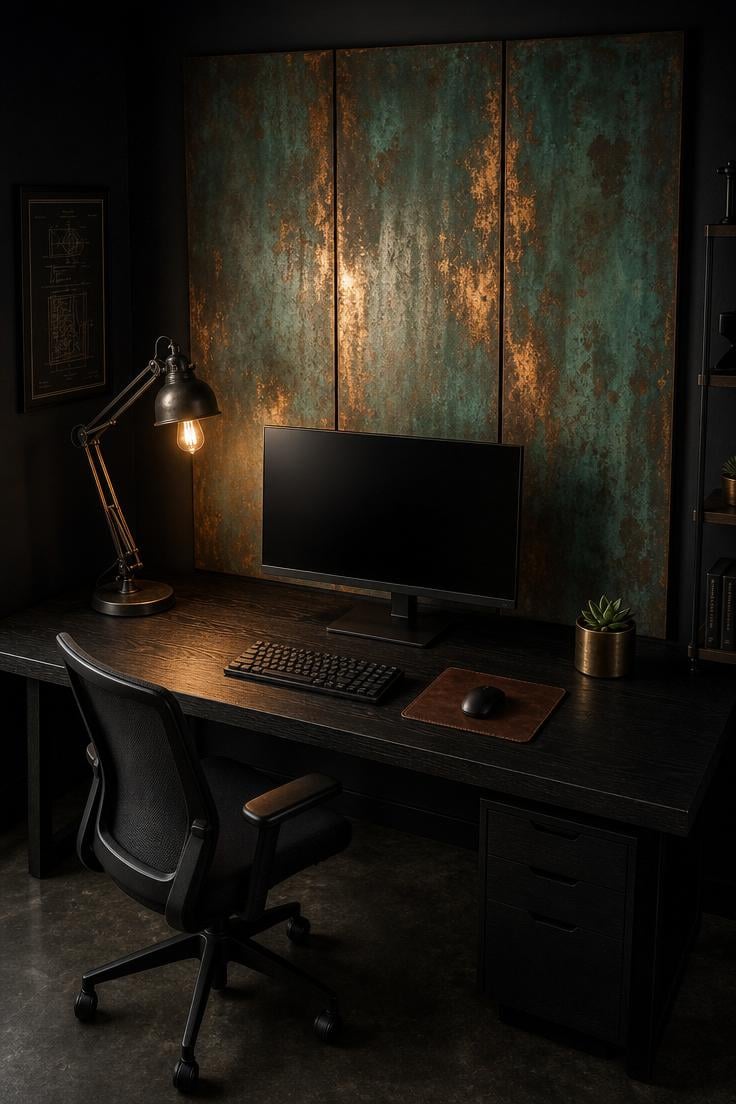 Oxidized copper panels with green-blue patina behind a monitor under warm Edison bulb lamplight