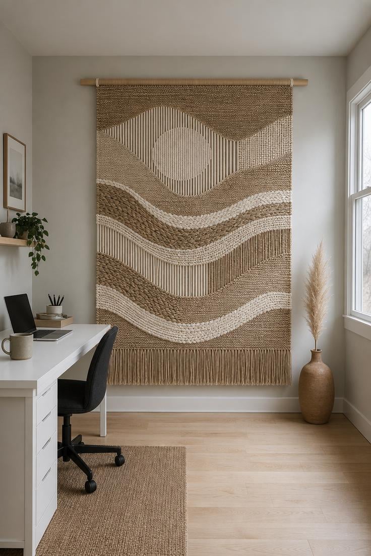Large woven jute and cotton wall hanging in a home office with cool overcast light on maple floors