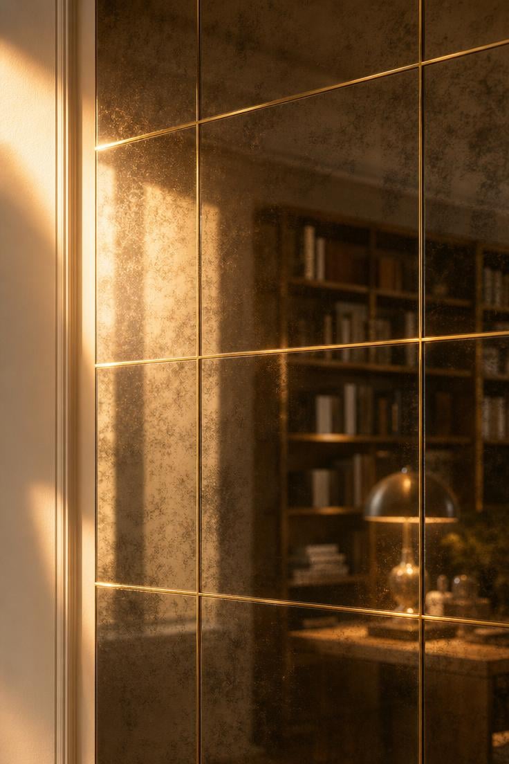 Close-up of smoked mirror tiles with brass inlay grid reflecting warm golden hour light