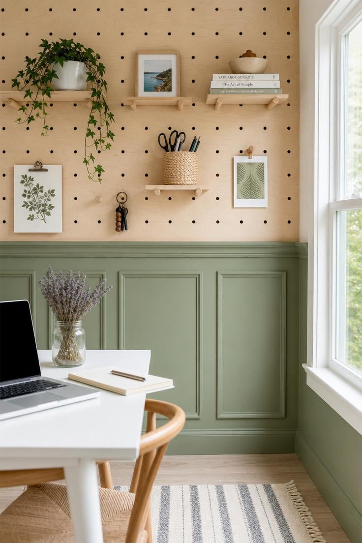 Sage milk paint wainscoting with birch pegboard shelf topper holding plants and books in bright midday light