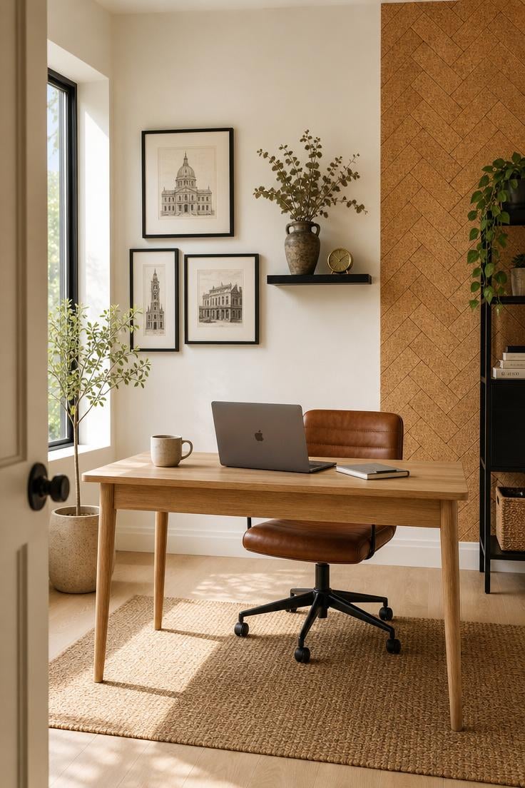 Bright home office with mixed wall decor including framed prints, cork tiles, and a floating shelf with ceramics in midday light
