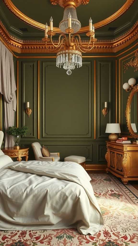 A luxurious bedroom featuring olive green walls and gold accents, with elegant furniture and decor.