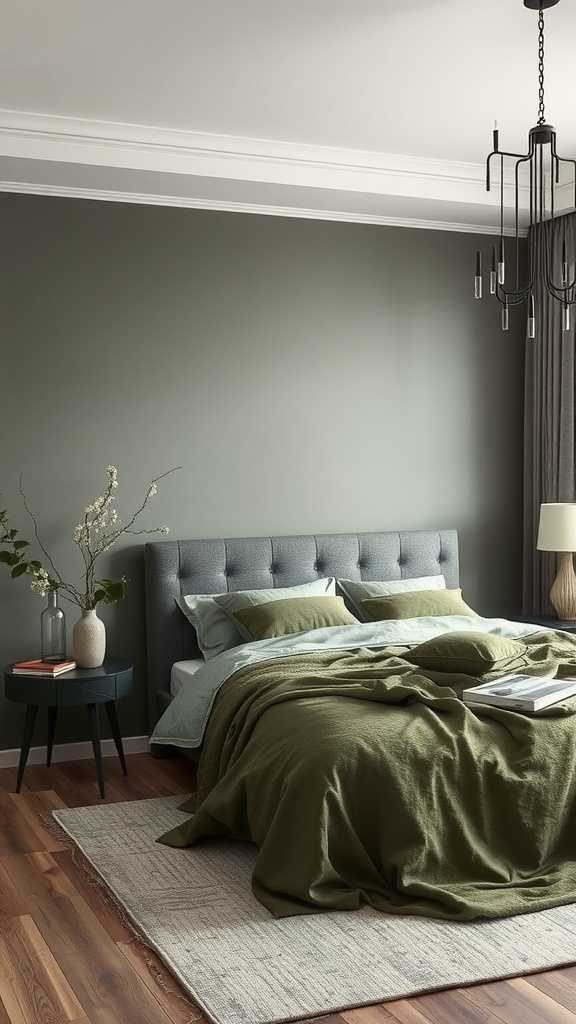 A cozy olive green bedroom featuring a gray headboard and soft bedding.