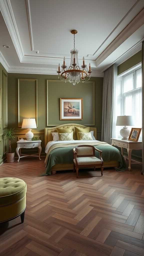 A stylish olive green bedroom featuring white accents, a chandelier, and wooden flooring.