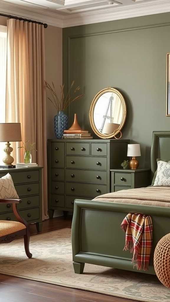 A stylish olive green bedroom featuring a bed, nightstands, and decor elements.