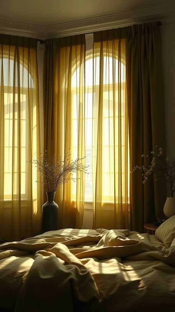 Olive green curtains in a softly lit bedroom