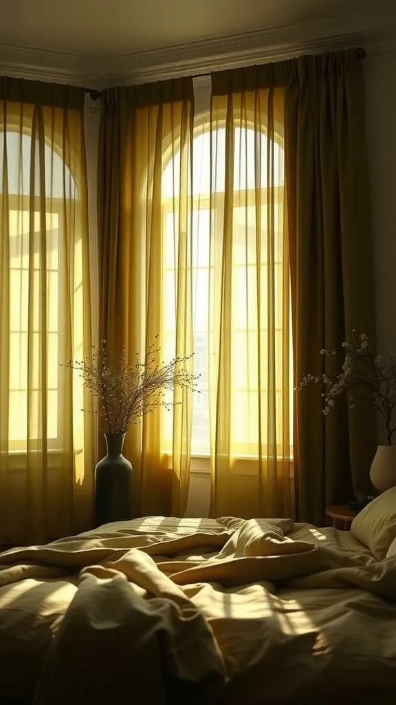 21 Stunning Olive Green Bedroom Ideas for a Cozy Retreat 4 Olive green curtains in a softly lit bedroom