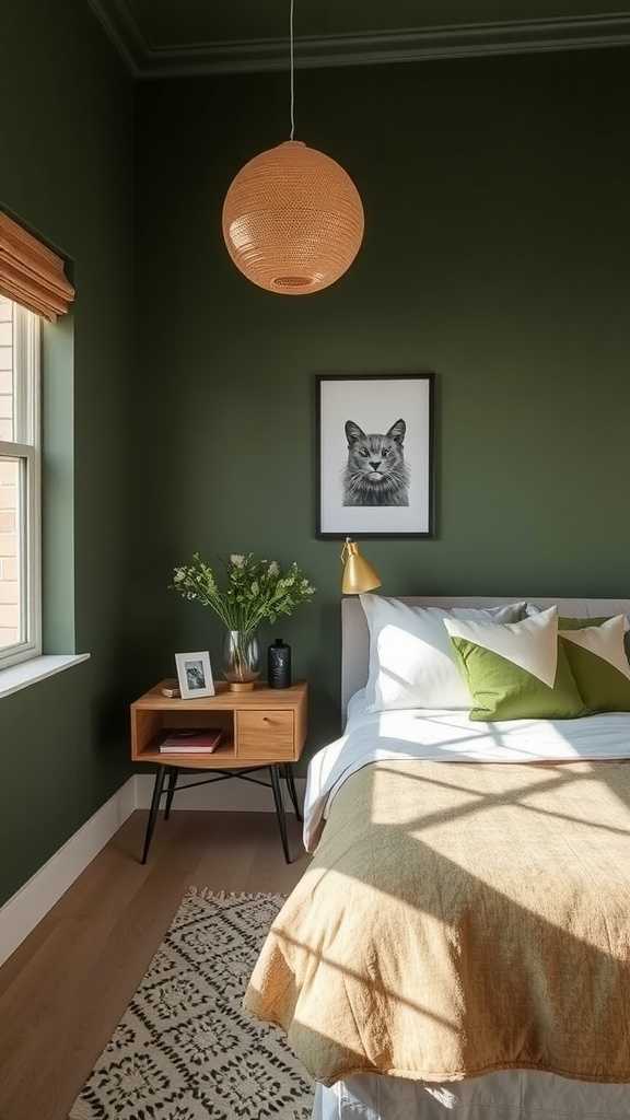 A cozy olive green bedroom with a bed, decorative pillows, and wall art.