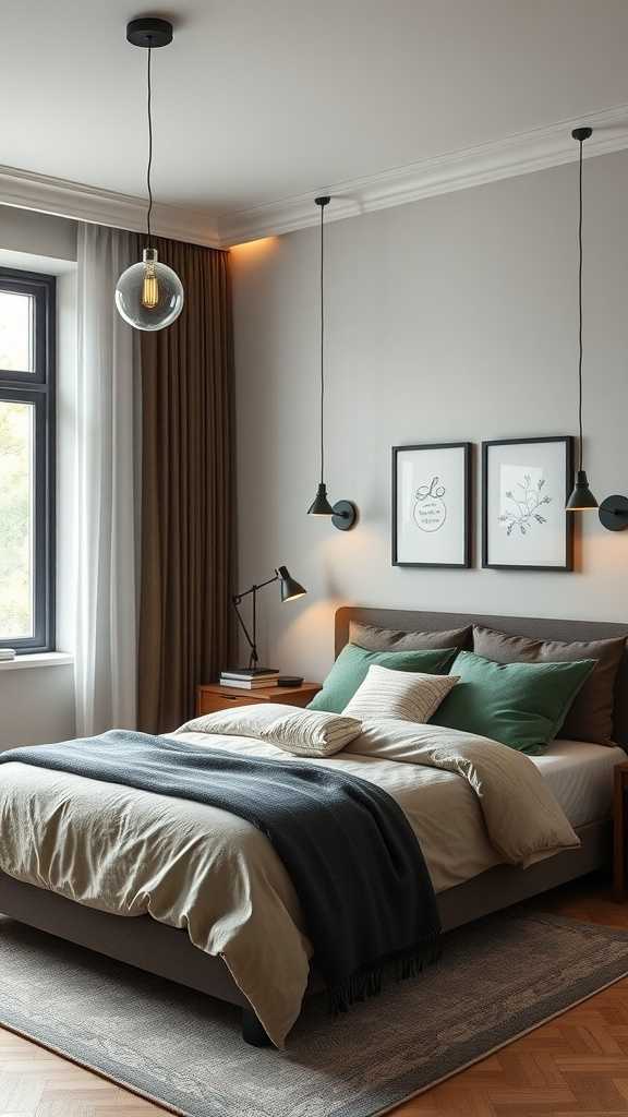 A cozy olive green bedroom with stylish lighting fixtures.