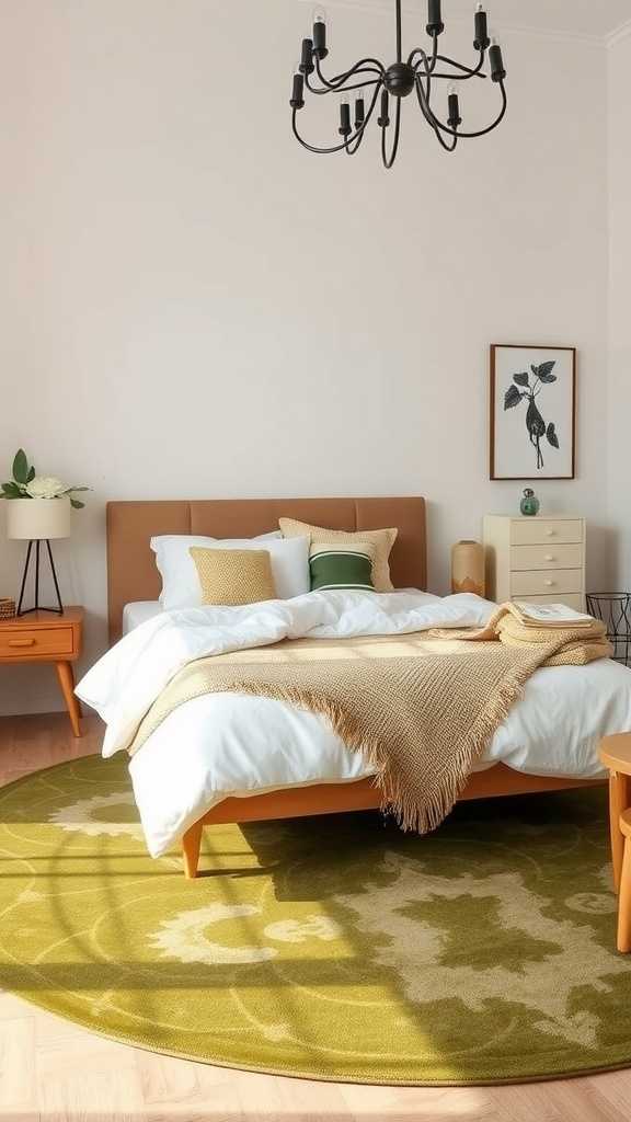 A comfortable olive green rug in a stylish bedroom setting