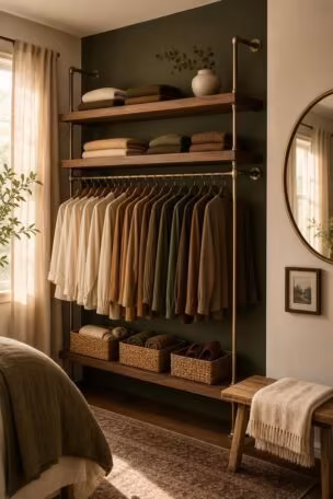 Cozy open closet in a small bedroom with brass pipe rail, walnut shelves, moss green accent wall, and woven baskets.