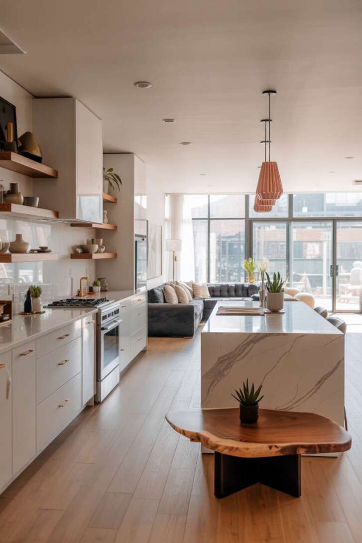 17 Inspiring Open Kitchen Design Ideas for Modern Living 1 Modern white kitchen with marble waterfall island and brass hardware