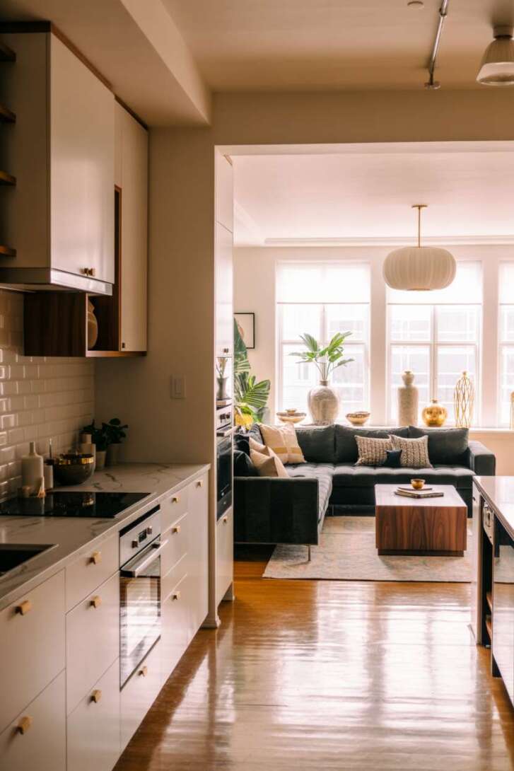 17 Inspiring Open Kitchen Design Ideas for Modern Living 6 Stylish compact open kitchen and living room without an island