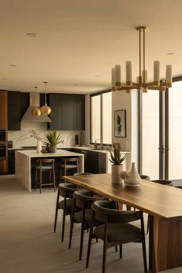 17 Inspiring Open Kitchen Design Ideas for Modern Living 7 Open kitchen and dining area with live-edge walnut table