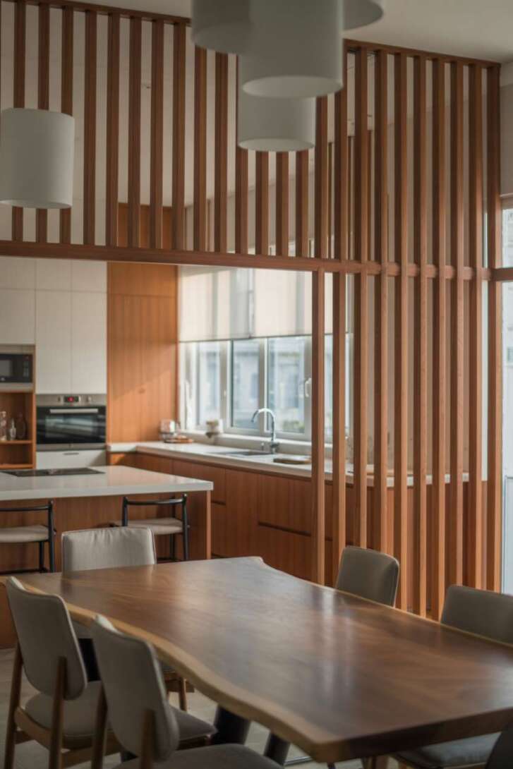 17 Inspiring Open Kitchen Design Ideas for Modern Living 8 Open kitchen and dining room with a floating wooden slat partition