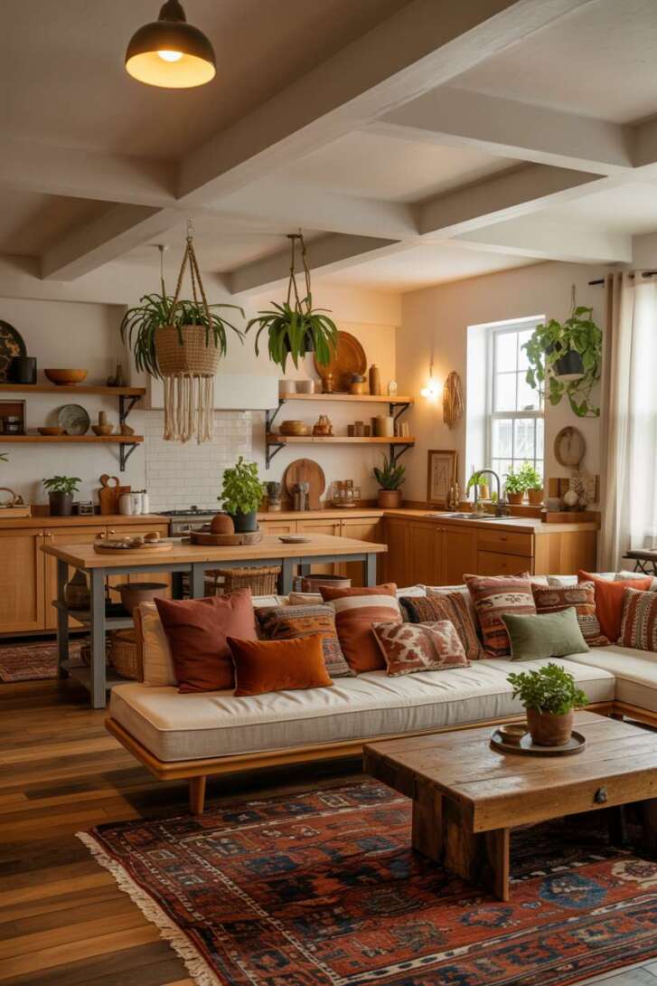 17 Inspiring Open Kitchen Design Ideas for Modern Living 14 Bohemian open kitchen and living room with earthy tones and textures