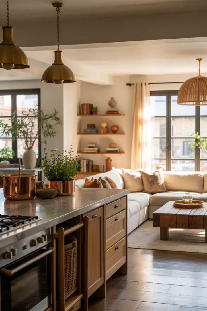 17 Inspiring Open Kitchen Design Ideas for Modern Living 16 Warm open-concept space with brass pendants and marble countertops