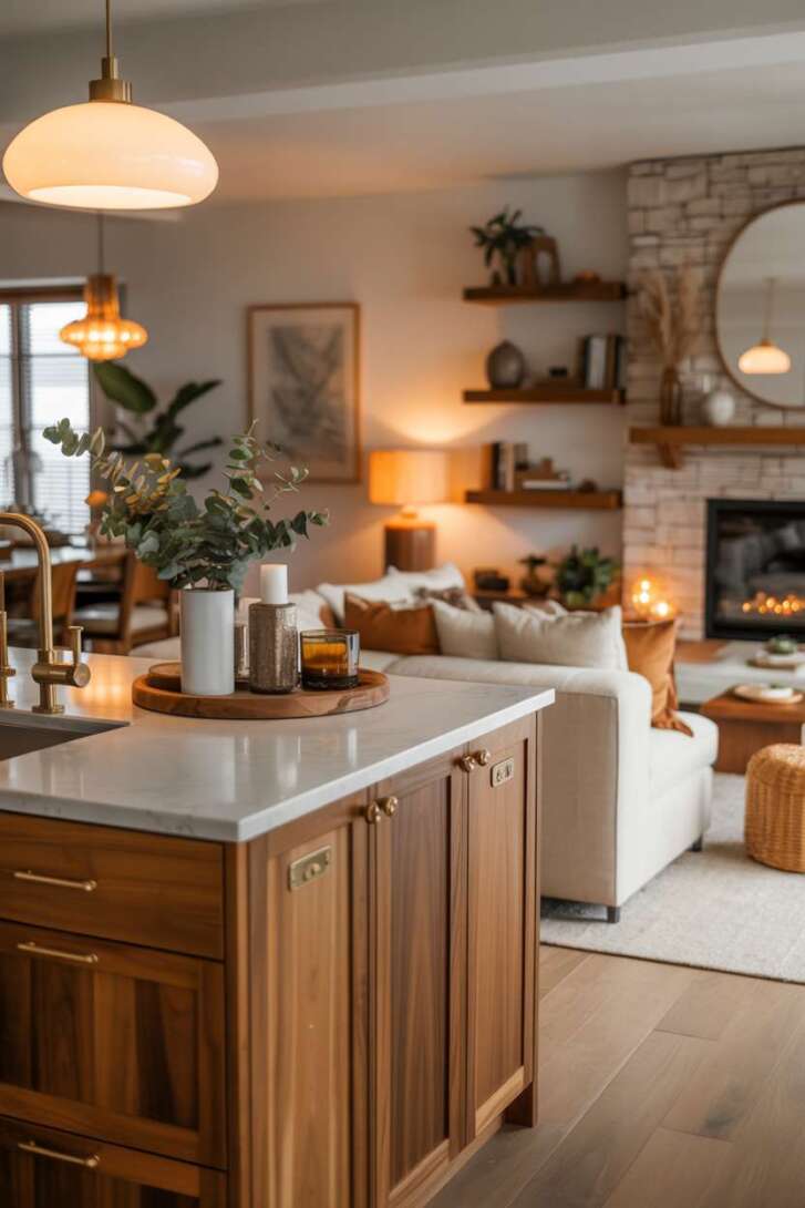 17 Inspiring Open Kitchen Design Ideas for Modern Living 17 Cozy open-concept with stone fireplace and warm lighting