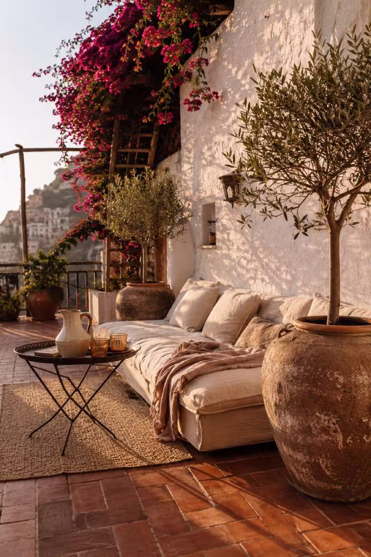 Mediterranean-style open terrace with terracotta tiles, linen sofa, olive trees in clay pots, and bougainvillea on a wooden trellis.