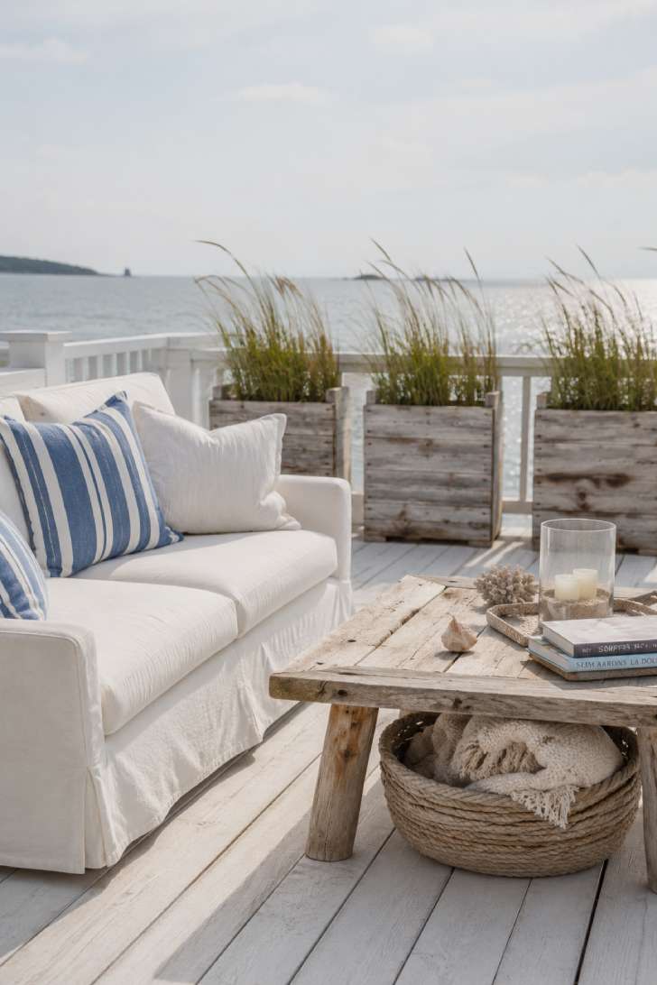 Coastal open terrace with whitewashed wood floor, white slipcovered sofa, driftwood coffee table, nautical rope basket, and beach grass planters.