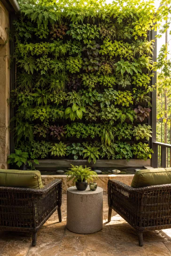 Open terrace with full living wall of ferns and trailing plants, limestone pavers, wicker armchairs with olive cushions, and stone water trough.
