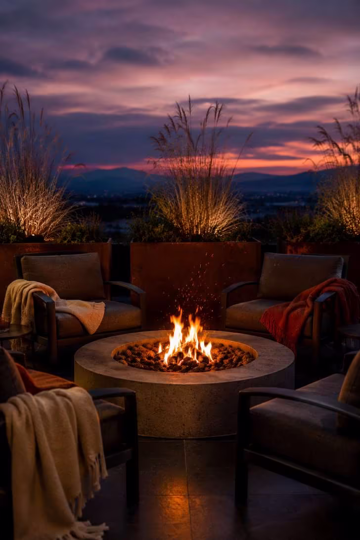 Open terrace at twilight with concrete firepit, charcoal lounge chairs, wool throw blankets, dark slate floor, and ornamental grasses in corten planters.