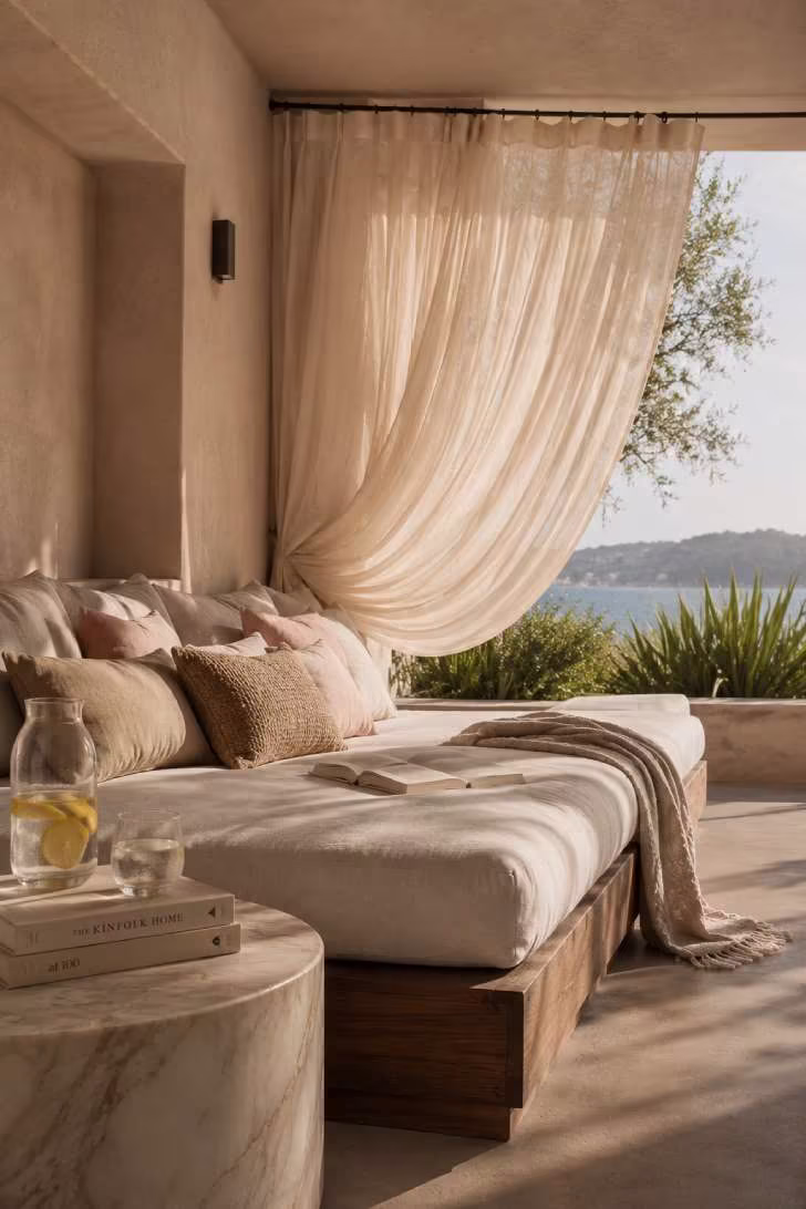 Open terrace daybed lounge with wooden platform base, off-white mattress, blush and gray cushions, sheer ivory curtains, and marble side table.
