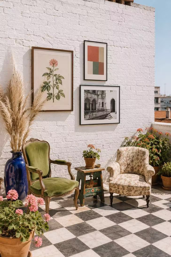 Eclectic open terrace with framed wall art, mismatched vintage chairs, checkered cement tiles, cobalt vase with pampas grass, and geraniums.