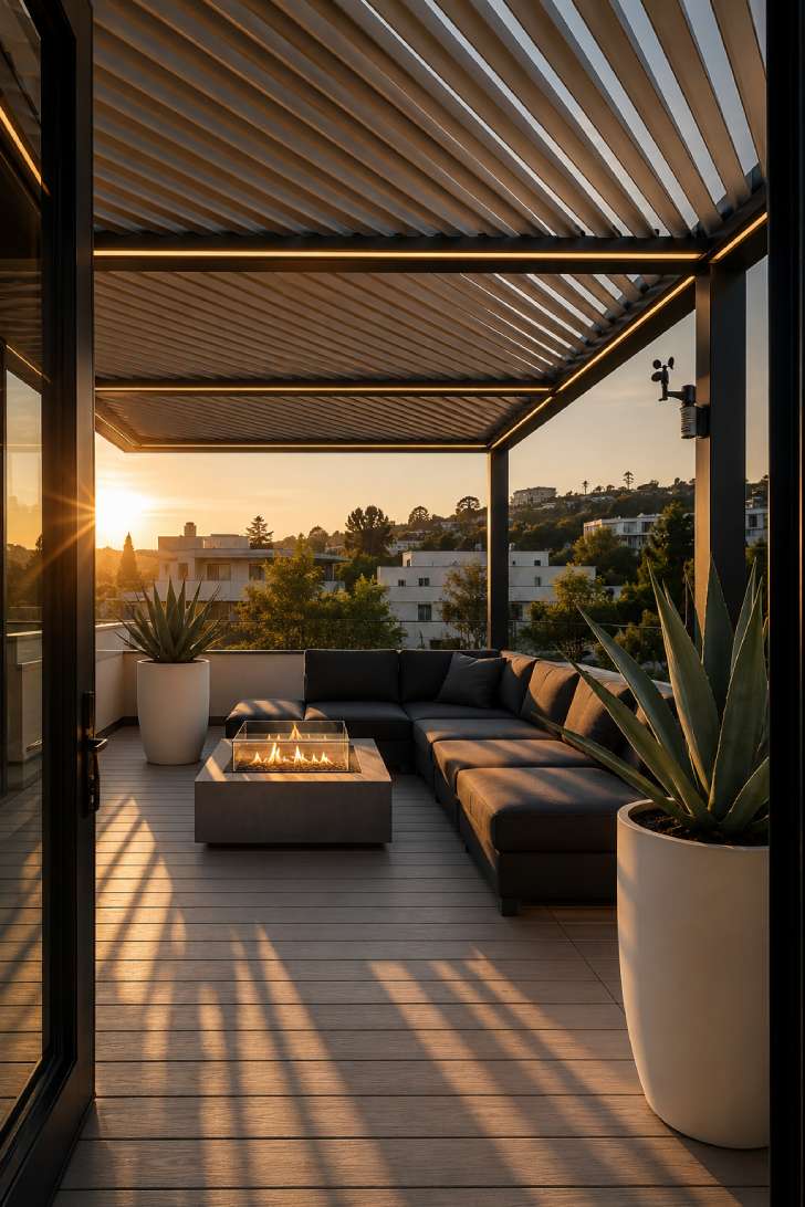Modern bioclimatic terrace with motorized louver pergola, composite deck, modular sectional, concrete fire table, LED lighting, and agave plants.