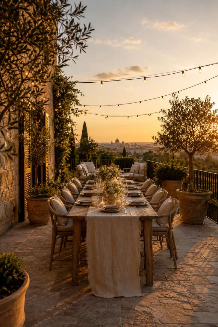 Wide-angle golden hour view of a styled open terrace with stone floor, wooden dining table, linen cushions, olive trees, and string lights overhead.