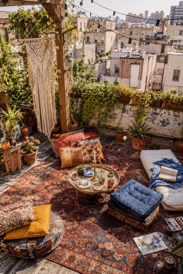 Bohemian rooftop terrace with layered textiles, floor cushions, brass tray table, macramé hanging, and string lights overhead.