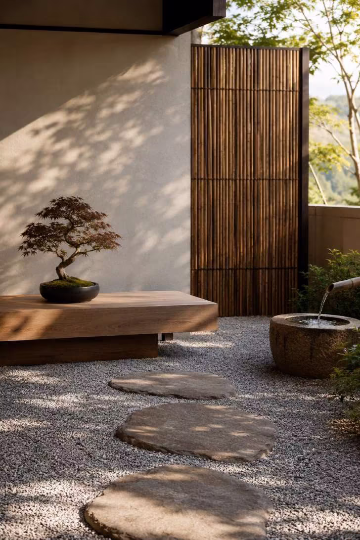 Japanese-inspired zen terrace with raked gravel, stepping stones, low timber bench, bonsai in black ceramic bowl, and bamboo screen.