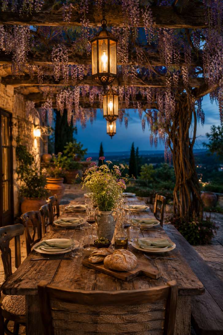 Open terrace dining scene under a wisteria-draped oak pergola at dusk, with farmhouse table, mismatched chairs, and wrought-iron pendant lanterns.