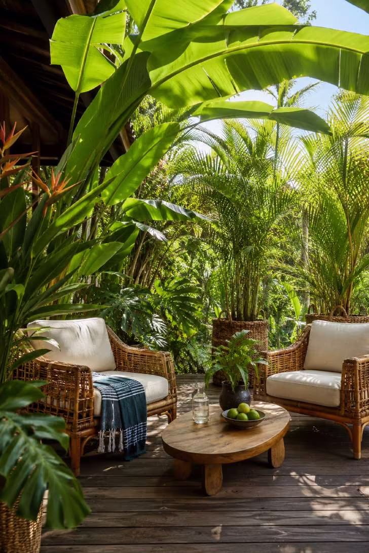 Tropical open terrace with teak decking, rattan lounge chairs, monstera and bird of paradise plants in seagrass baskets, and banana leaf canopy.