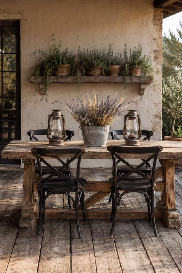 Rustic farmhouse open terrace with reclaimed barn-wood floor, oak trestle table, black metal chairs, vintage lanterns, and dried lavender arrangement.