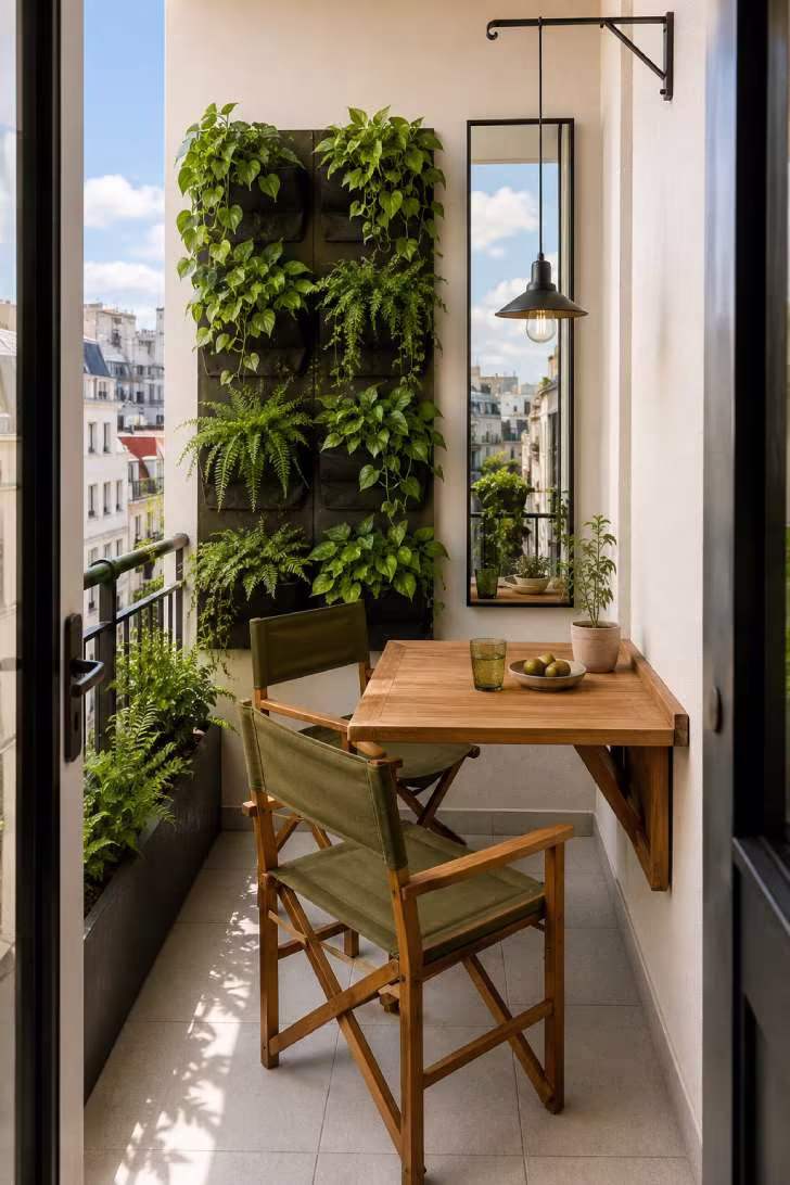 Small urban open terrace with gray porcelain tiles, wall-mounted folding teak table, olive director's chairs, vertical garden, and black-framed mirror.