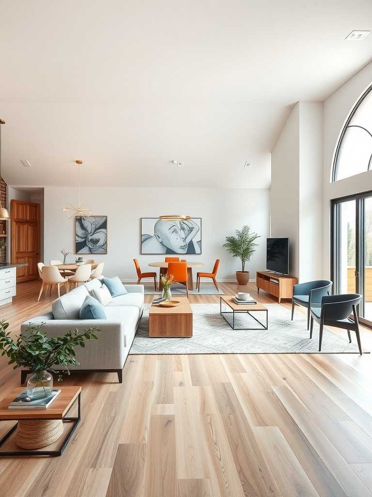 Open concept living room with modern luxury decor featuring light wood flooring and a seamless transition to the dining area.