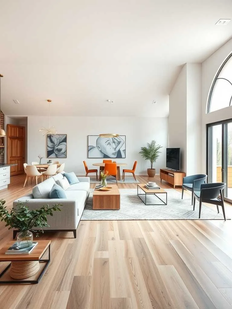 22 Modern Luxury Living Room Decor Ideas for Elegant Spaces 8 Open concept living room with modern luxury decor featuring light wood flooring and a seamless transition to the dining area.