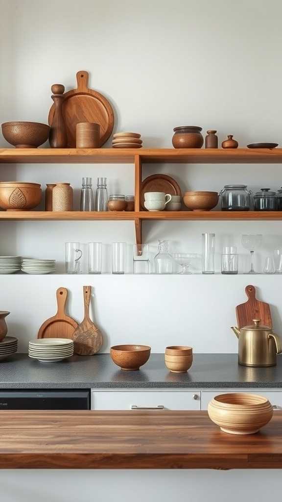 Open shelving displaying wooden bowls and glassware in a minimalist kitchen.