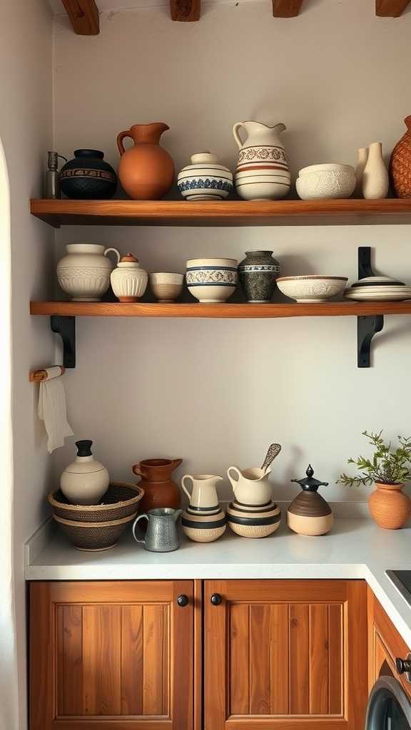 Open shelving displaying various handmade pottery in a Spanish Mediterranean kitchen