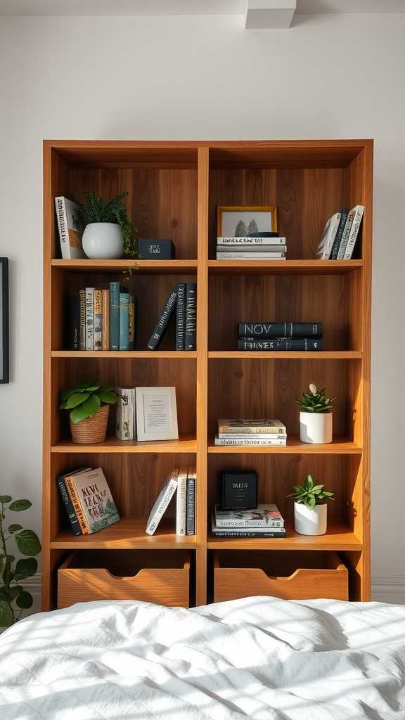 Wooden open shelving unit displaying books, plants, and decorative items in a rustic farmhouse bedroom.