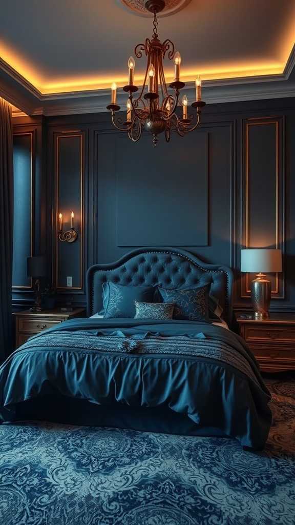 A sophisticated bedroom featuring deep blue walls, a plush bed, and elegant decor.