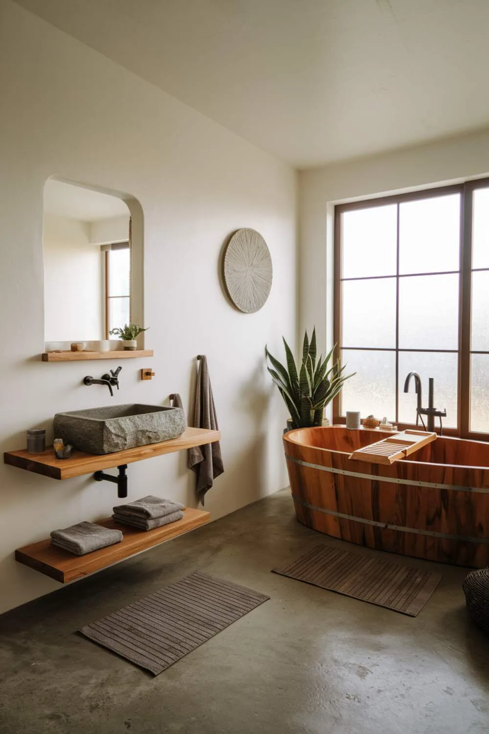 26 Stylish Organic Modern Bathroom Design Ideas 1 A stylish organic modern bathroom featuring a freestanding wooden bathtub near a large window, wall-mounted stone sink, and floating wooden shelf with concrete floors and white walls.