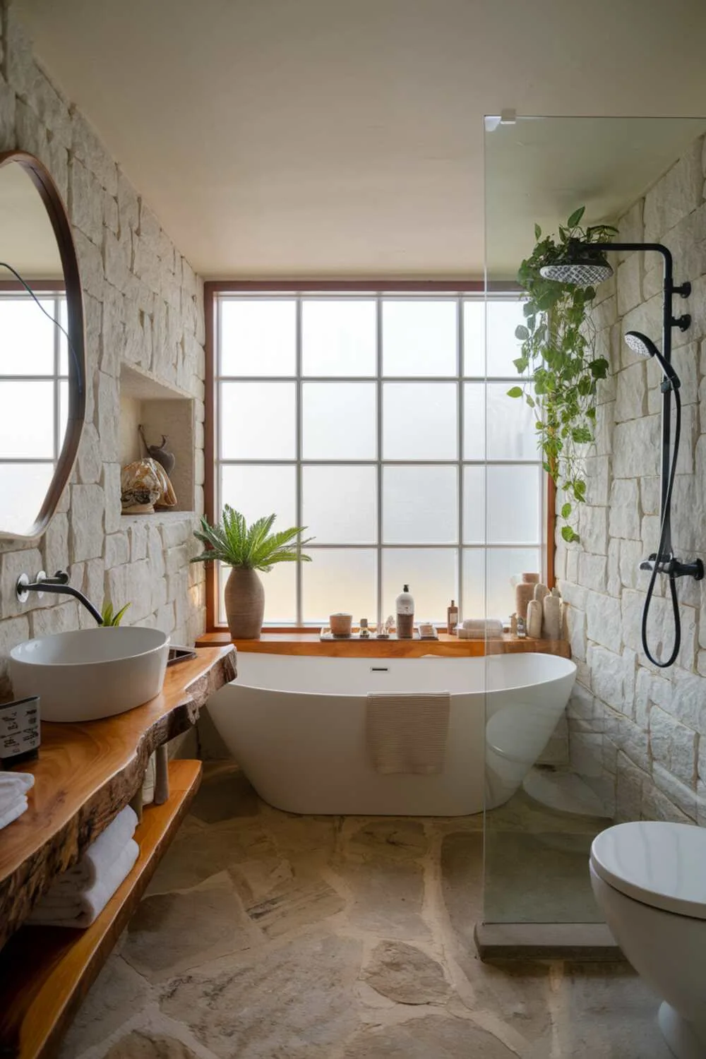 26 Stylish Organic Modern Bathroom Design Ideas 2 An organic modern bathroom with a freestanding bathtub, wooden countertop sink, shower, and large frosted window, featuring natural stone walls and decorative items on wooden shelving.