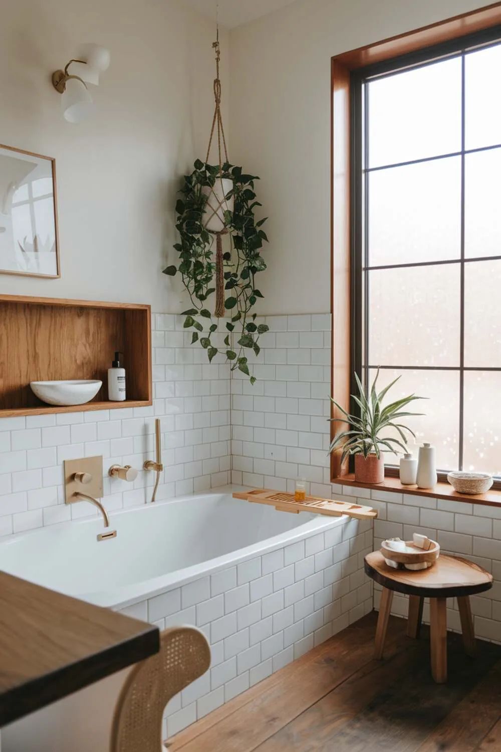 26 Stylish Organic Modern Bathroom Design Ideas 4 A bright organic modern bathroom with a freestanding tub near a large window, wooden shelf, partial white tile wall, hanging green plant, wooden floor and stool, and minimalist decorative items.