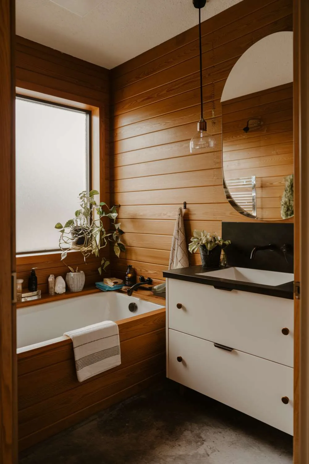 26 Stylish Organic Modern Bathroom Design Ideas 5 A cozy organic modern bathroom featuring a white tub, white vanity, black sink, warm wood walls, potted plant near window, concrete floors, and soft lighting.