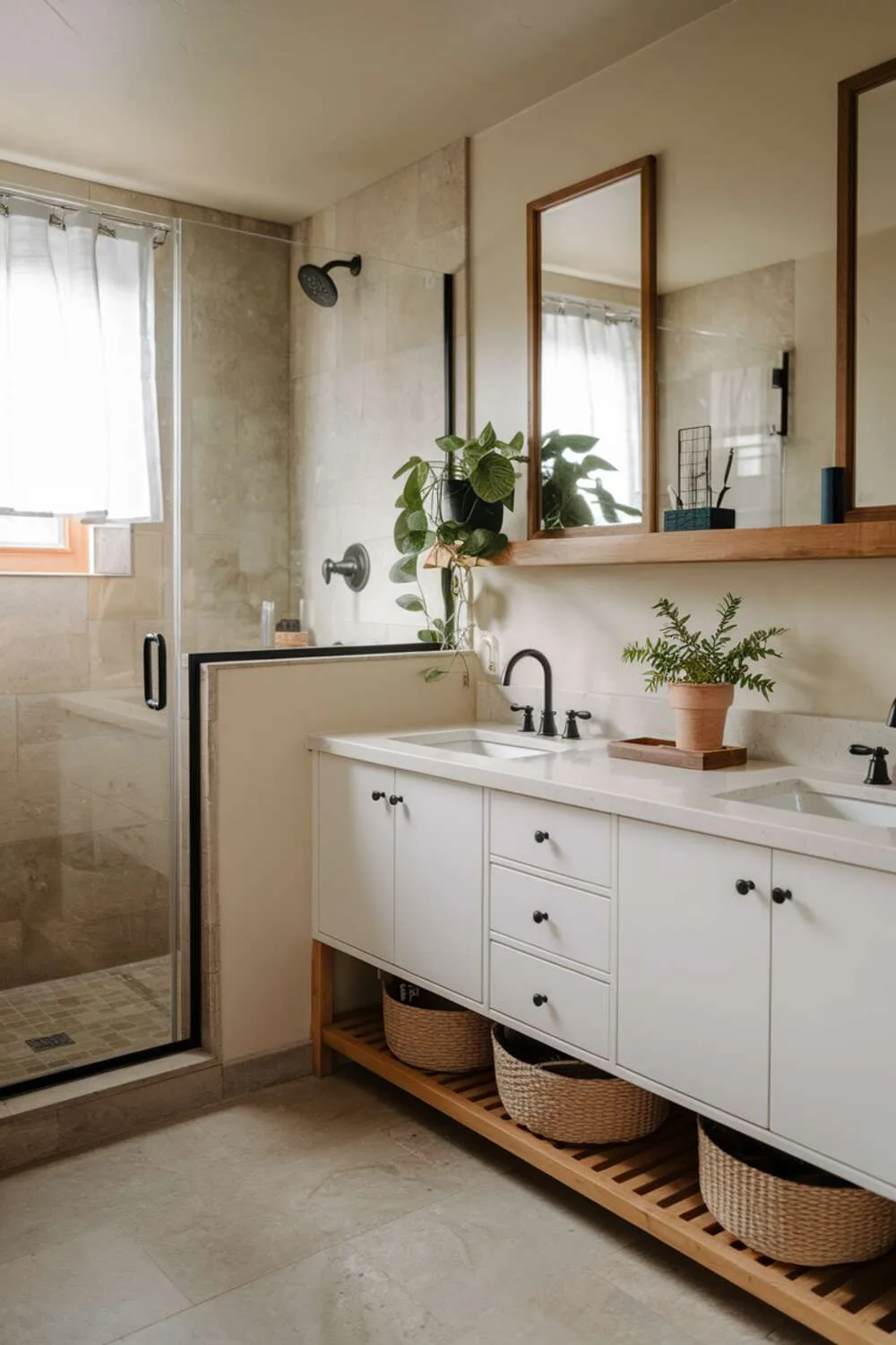 26 Stylish Organic Modern Bathroom Design Ideas 6 A practical organic modern bathroom with a white dual-sink vanity, black faucets, wooden shelf, beige tile flooring, potted plant, glass-door shower, and window with curtain against beige walls.