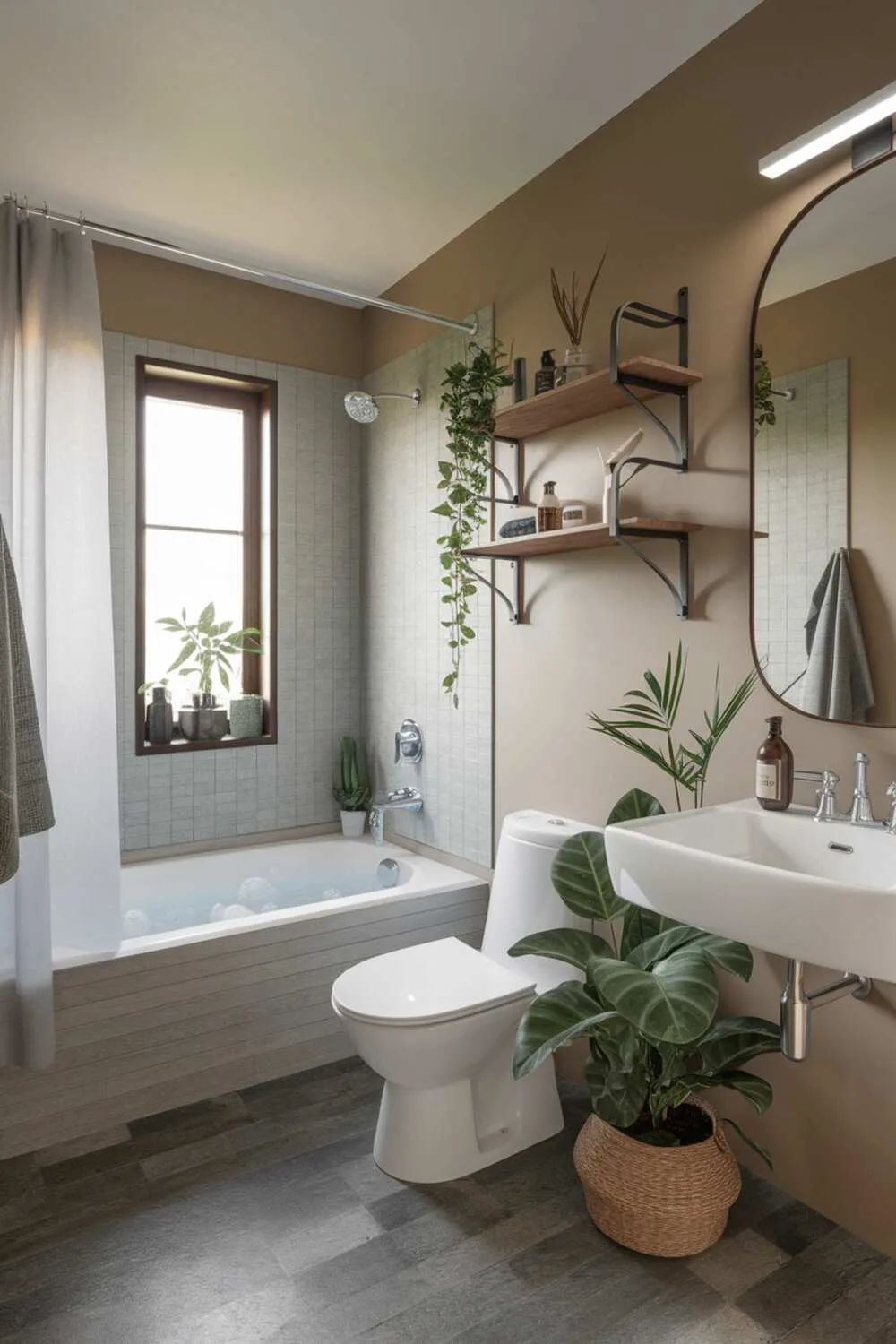 26 Stylish Organic Modern Bathroom Design Ideas 7 A calming organic modern bathroom with white fixtures including a bubble-filled bathtub, toilet, and sink with adjacent green plant, wooden shelf, grey tile flooring, beige walls, curtained window, multiple plants, and soft lighting.