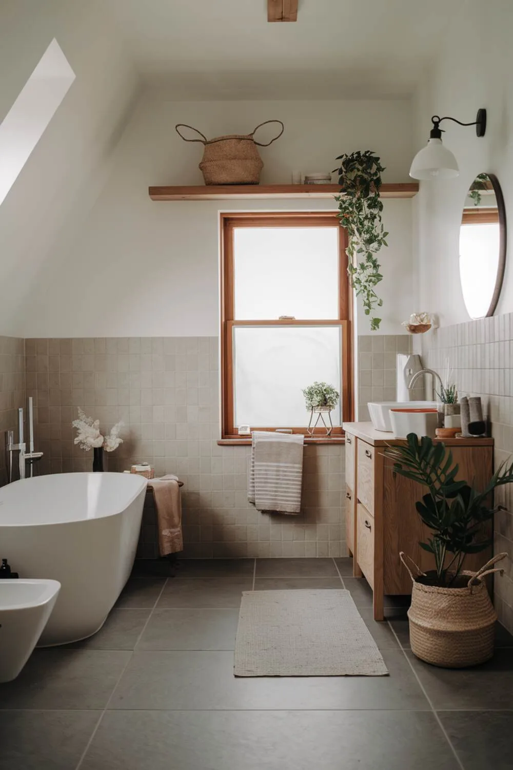 26 Stylish Organic Modern Bathroom Design Ideas 8 A serene organic modern bathroom with a freestanding tub near a naturally lit window, wooden vanity with sink and plant, grey tiled floor, beige partial wall tiling, wooden shelf with white lamp, and minimalist decorative elements.